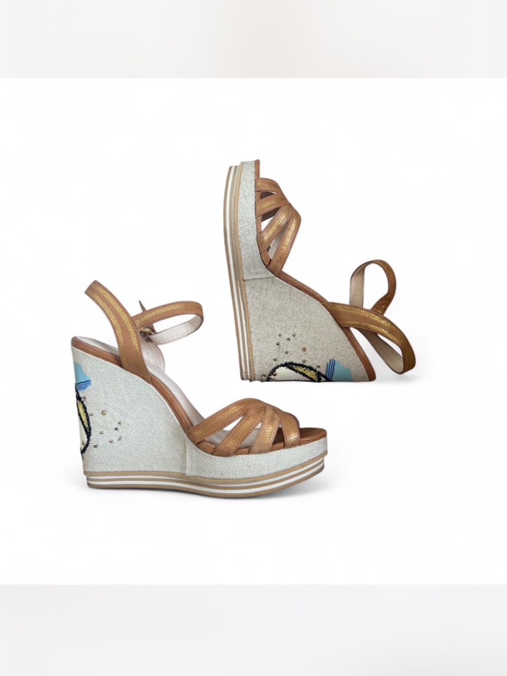 Vintage Coach Metallic Gold Leather & Embroidered Canvas Wedge Sandals - Picture 3 of 4